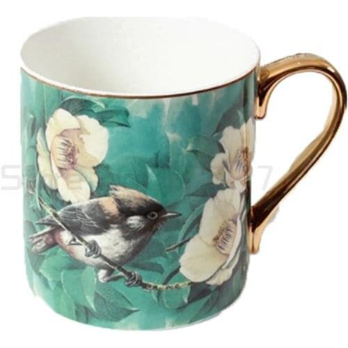 Creative Little Bird Pattern Coffee Mug Pastoral Style Gold Plated Bone china Mug Ceramics Milk Breakfast Cup with Spoon