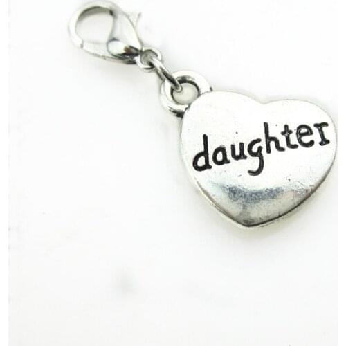Hot selling 20pcs/lot silver daughter heart dangle charms lobster clasp charms for glass floating lockets