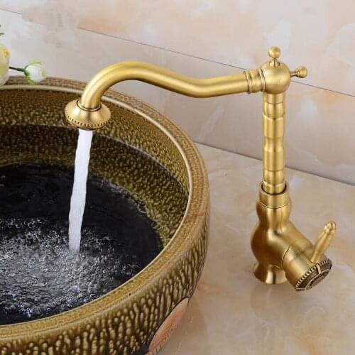 Copper Bathroom Basin Faucets Antique Brass Carved Kitchen Sink Mixer Taps Hot & Cold Single Handle Deck Mounted Rotating