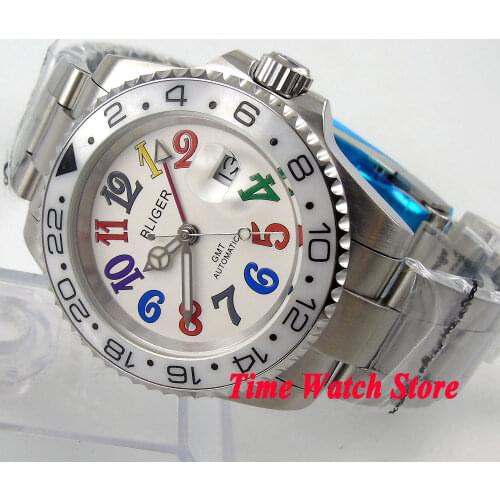 Bliger 40mm white dial date colorful marks luminous white Ceramic Bezel GMT Automatic movement Mens watch