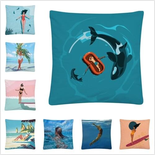 Beach Surfer Girl Simplified Pattern Soft Short Plush Cushion Cover Pillowcase Home Sofa Car Decoration Pillowcase45X45 Cm
