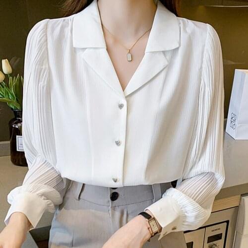 Autumn Long Sleeve White Blouse V-Neck Chiffon Blouse Shirt Tops Blouse Women Blusas Mujer De Moda 2021 Blouses Shirts F114