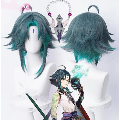 Genshin Impact Xiao Cosplay Men 40cm Green Mixed Wig Cosplay Anime Cosplay Wigs Heat Resistant Synthetic Wigs Halloween Props