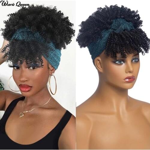 Headband Natural Wig with Afro Curls With Bags Synthetic For Black Women Heat Resistant Short Black Kinky Curly Wigs