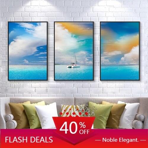 Christmas Canvas Painting Blue Sky White Cloud Wall Poster Bed Room Decorations Home Decor Blue Seawater Wall Art Decor