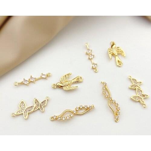Copper Plated Real Gold Inlaid Zircon Double Hanging Swallow Butterfly Figure 8 DIY Accessories Earring Material