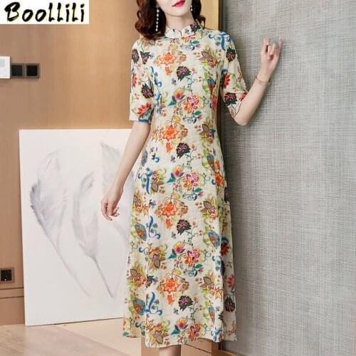 Boollili Silk Dress for Women Print Floral Dresses Fashion Midi Women Summer Dress Fashion Elegant Vintage Vestido Mujer