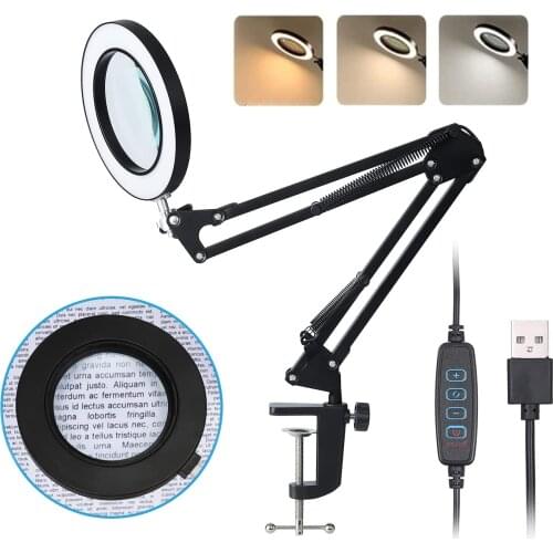 Magnifying Glass with Light Stand 3 Color Modes Stepless Dimming- Adjustable Swing Arm LED Magnifier Desk Lamp for Close Work