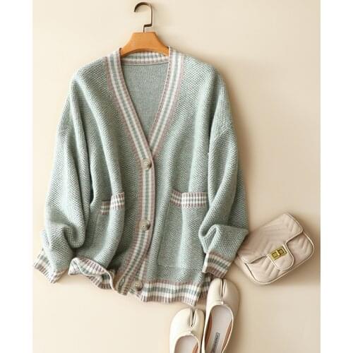 2020 winter new styles luxury 100% cashmere cardigan women v neck thick outerwear knitted ladies contrast pocket sweater coat