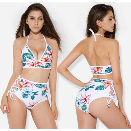 Womens Halter Bikini Set Push Up 2 Piece Swimsuit Bating Suit Padded Top with High Waisted Lace up Bottom Floral Tie Side