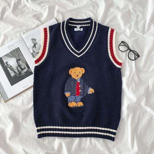 Preppy Style Cartoon Bear Embroidery Loose Sweater Autumn Winter 2021 Womens Korean Fashion Pullover Sleeveless Sweater Vest