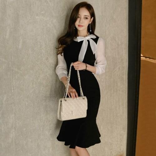 2021 autumn new Korean temperament round neck bow color matching slim bag hip fishtail dress