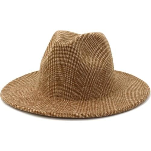 2021 High Quality Fashion Woolen women Felt Jazz Fedora Hats lattice Decor Unisex Wide Brim Panama Party men wedding cap