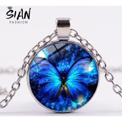 SIAN Blue Butterfly Pendant Necklace Vivid Bright Butterfly Animal Steampunk Crystal Long Chain Women Wedding Statement Jewelry