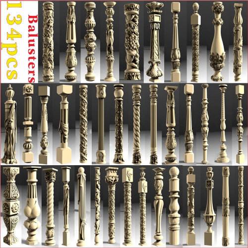 134pcs 3D STL Balusters and Columns for CNC 4 AXLE Engraver Carvingbed Relief for CNC Router Aspire Artcam