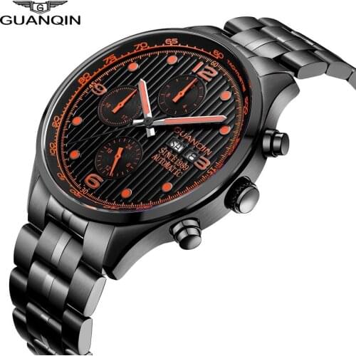 GUANQIN Automatic Watch Men Calendar Date Luminous Mechanical Watches Black Men Watch Full Steel Luxury Brand Wristwatches