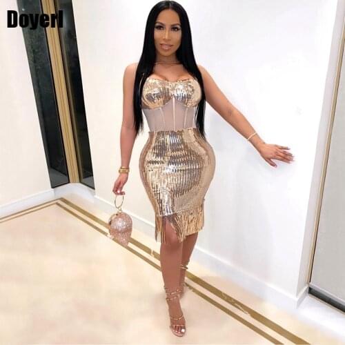 Black Sexy Sequin Dress Women Party Night Club Bodycon Dress 2021 Birthday Outfits Sparkly Tassel Mesh Elegant Midi Dress Summer