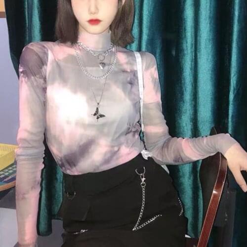 Ink Tie Dye Y2k T Shirts Women Transparent Stand Up Collar Slim Party Club Tops Mesh T-shirt Streetwear Women E Girl Aesthetic