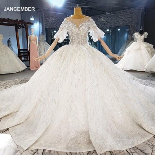 HTL2107 Half Sleeve Sexy V-Neck Ball-Gown Beaded Crystal Luxury Sequined Wedding Dress 2021 Lace Up Back