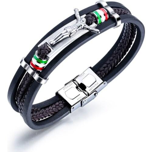 Retro Religious Jesus Multilayer Black Weaved Leather Bracelet Bangle For Men Stainless Steel Wristbands Jewelry Drop Shipping