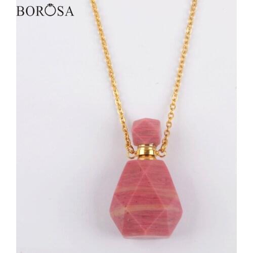 Natural Rhodochrosite Perfume Bottle Necklace Gold Color Gems Stones Essential Oil Pendant Statement Necklace for Women PB001-13