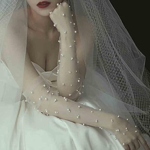 TOPQUEEN M04 Elegant Bride Gloves Pearl Ladies Gloves Finger Evening Prom Stage Lady Pearl Bridal Gloves Wedding Gift Long Glove