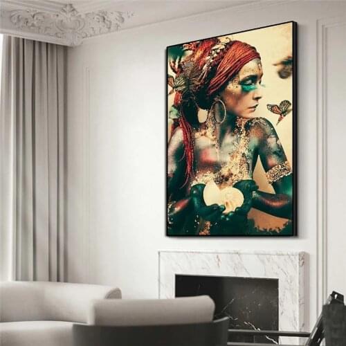 Poster African Priestess Woman Portrait Butterfly Wall Art Picture Retro Nordic Canvas Framed Painting For Home Decoration
