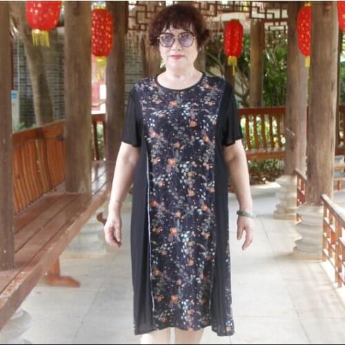 Plus Size Middle Aged Women Dress 2021 Short Sleeve7XL 6XL 5XL Vintage Print Long Dress Vestido Elegant Black Summer Dress FC646