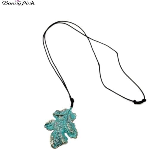 Banny Pink Big Alloy Leaf Pendant Necklace For Women Ethnic Black Rope Chain Sweater Necklace Long Rope Necklace Colliers Colar