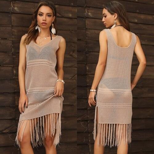 Sexy Hollow Out Beach Dress Women V Neck Sleeveless Crochet Tassel Swimsuit Cover Up Vestidos Split Summer Female Bathing Suit