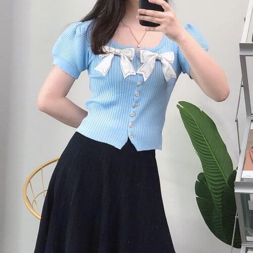 Blue White Women Sweet Diamond Bowknot Top Cardigan Sweater Button Sweet Short Sleeve Knit Slim Summer Crop Clothing 2021