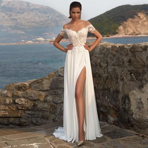 Modest Chiffon A line Wedding Dresses Sexy Strapless Off-the-shoulder Lace Applique Slit Wedding Gowns Vestido de Novia