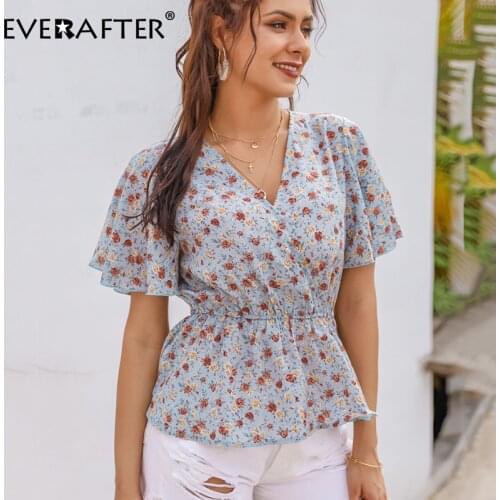 EVERAFTER Fashion v-neck floral print blouse women shirt short sleeve high waist ruffles slim blouse casual beach summer tops