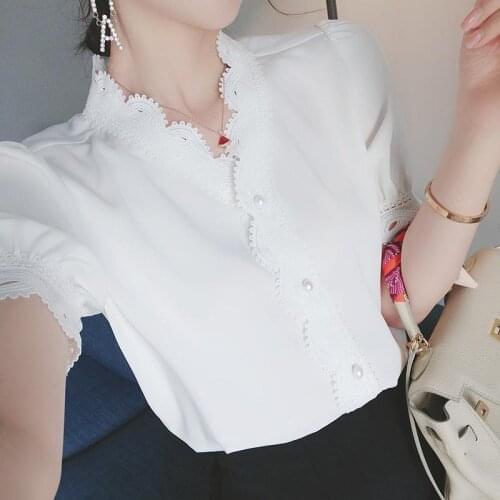 Womens Spring Summer Style Chiffon Blouses Shirt Womens Solid Color Button V-neck Short Sleeve Korean Elegant Lace Tops DD8636