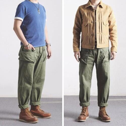 P44-0001 World War 2 US Military Style USMC HBT P44 TROUSERS Mens Cotton Vintage Slim & Straight Fitting Casual Pants