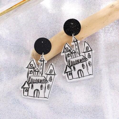 Creative Earrings Female Funny Halloween Ghost Spider Skull Castle Earrings Exaggerated Personality Graffiti Acrylic N2UE