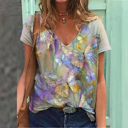 Womens Butterfly Printed V-neck Tops Casual Short Sleeve T-Shirt Fashion Color Street Style Womens Clothing Oversized Top