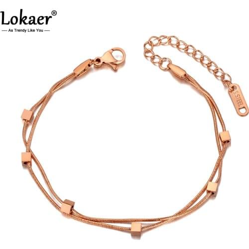 Lokaer Titanium Stainless Steel Square Charm Bracelets For Women Girl Double Layer Rose Gold Snake Chain Bracelet Jewelry B20073