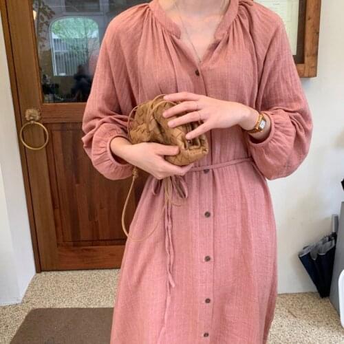 2021 New Women Spring Full Sleeve Long Shirt Dress Sashes V Neck Loose Single Breasted Maxi Dresses