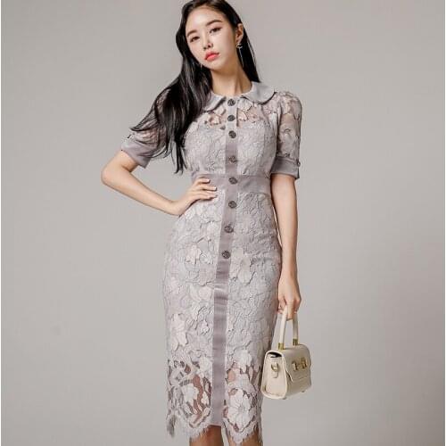 Women Korean Peter Pan Collar Lace Floral Party Dress High Waist Slim Bodycon Office Work Pencil Dresses New 2021 Summer