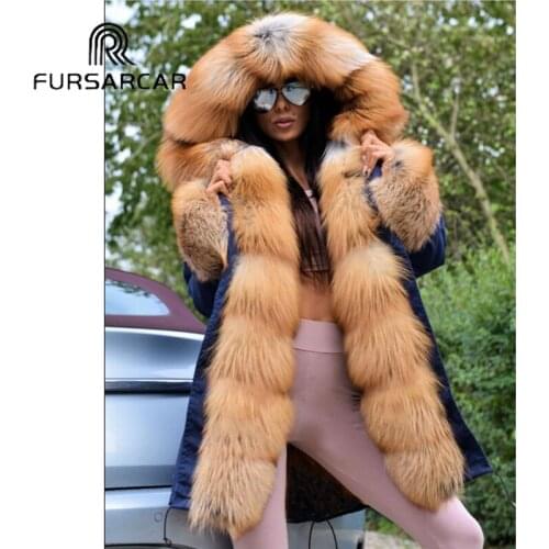 FURSARCAR Women Real Fur Coat Casual Parka With Thick Gold Fox Fur Trim Hood And Cuff New Winter Luxury Female Fur Parka
