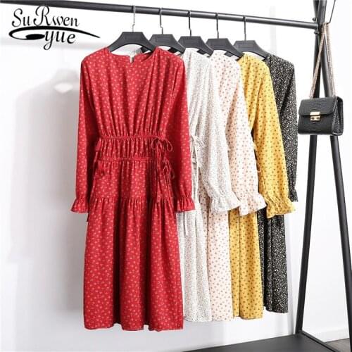 2021 Fashion Spring Summer Retro Crew Neck Floral Print Long Sleeve Lace-up Loose Fit Slimming Chiffon Dress Female 8693 50