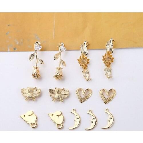 6pcs 2020 New Fashion Animal Earrings Copper Plated Zircon Rose With Leaf Daisy Bee Love Moon Pendant Girls Diy Jewelry Material