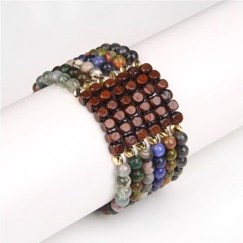 6mm Natural Blue Green Black Agates Stone Bead Bracelet Hip Hop Jewelry Wood Beads Charm Stretch Bracelets Meditation Men Gifts