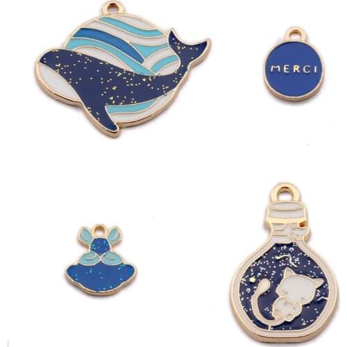 Julie Wang 5PCS Enamel Blue Charms Alloy Whale Bottle Skirt Merci Pendant Bracelet Jewelry Making Accessory