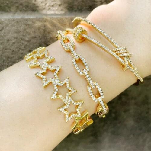 EYIKA New Multiple Star Filled Shiny Zircon Open Cuff Bangles for Women Curb Link Chain With Sliding Rings Bracelet CZ Jewelry