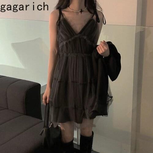 Gagarich Women Dresses 2021 Spring Summer French Vintage Temperament Female Sexy V-Neck Mesh Stitching Short Sling Vestidos