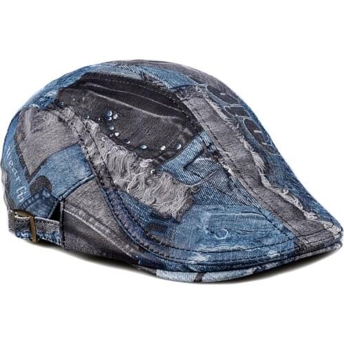 Wholesale 2021 New Fashion Unisex Women Men Genuine Leather Hats Blue Gray Color Printing Graffiti Real Sheepskin Beret Cap