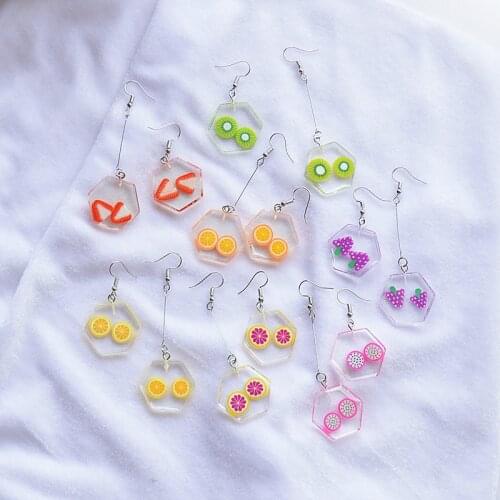 Korean Color Patch Personal Transparent Resin Fruit Earrings Creative Pinkycolor Small Fresh Asymmetrical Long Short Eardrop