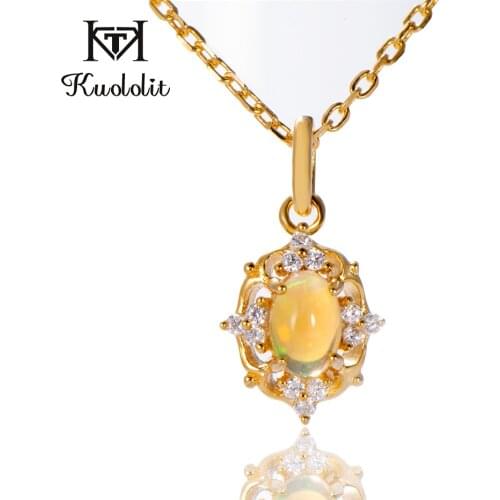 Kuololit Natural Opal Oval Cut Gemstone Necklaces For Women 925 Sterling Silver Yellow Color Pendants Wedding Gifts Fine jewelry